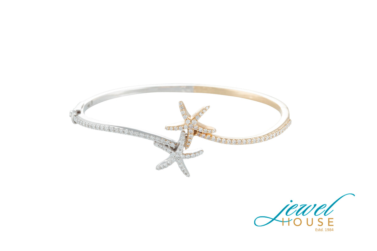 CRISS CROSS DIAMOND STARFISH BANGLE IN 14KT YELLOW AND WHITE GOLD
