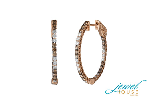 BROWN & WHITE DIAMONDS ETERNITY IN AND OUT HOOP EARRINGS IN 14KT ROSE GOLD WITH SAFETY LATCH
