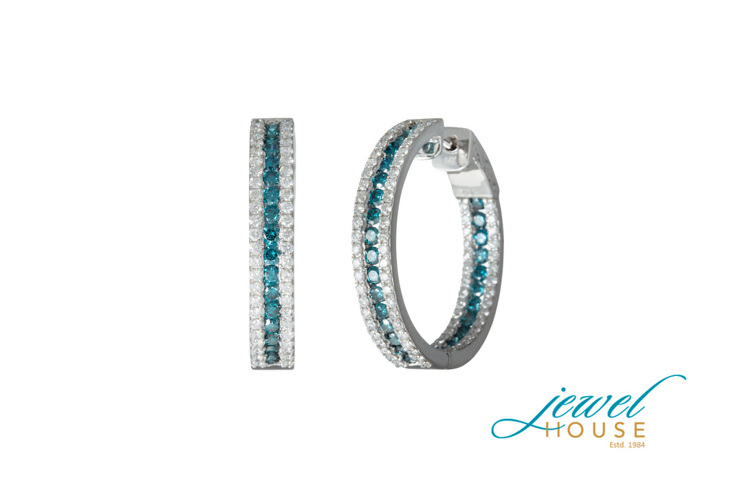 BLUE AND WHITE DIAMONDS TRI ROW ETERNITY HOOP EARRINGS IN 14KT WHITE GOLD