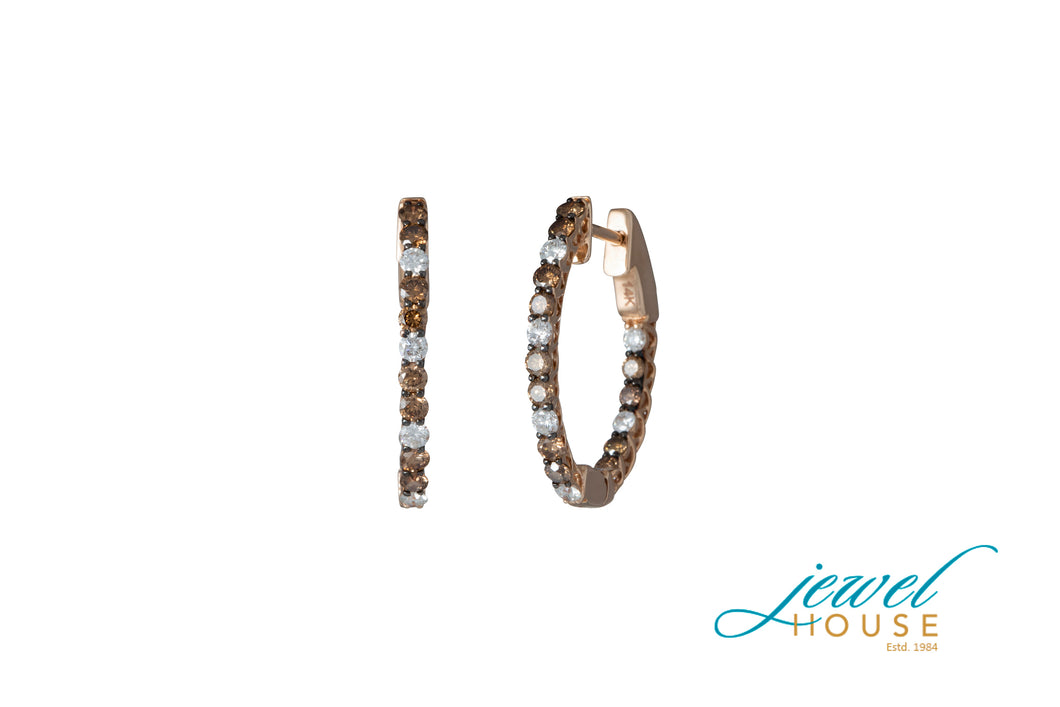 BROWN & WHITE DIAMONDS OVAL SHAPE ETERNITY IN AND OUT HOOP EARRINGS IN 14KT ROSE GOLD