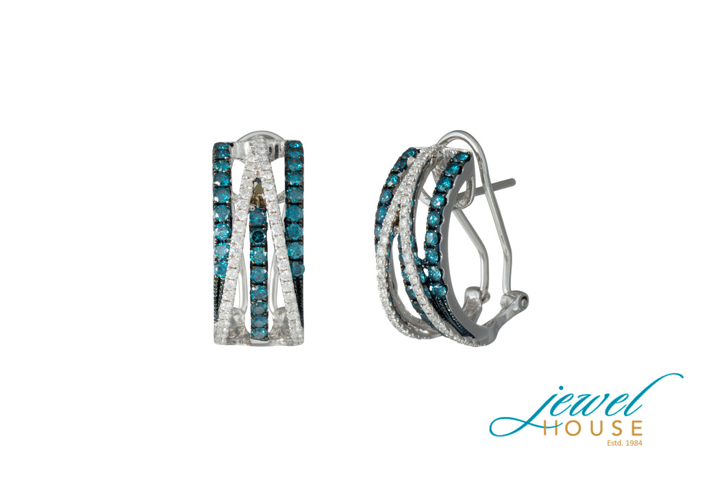 BLUE AND WHITE DIAMONDS TWIST EARRINGS WITH OMEGA BACK IN 14KT WHITE GOLD
