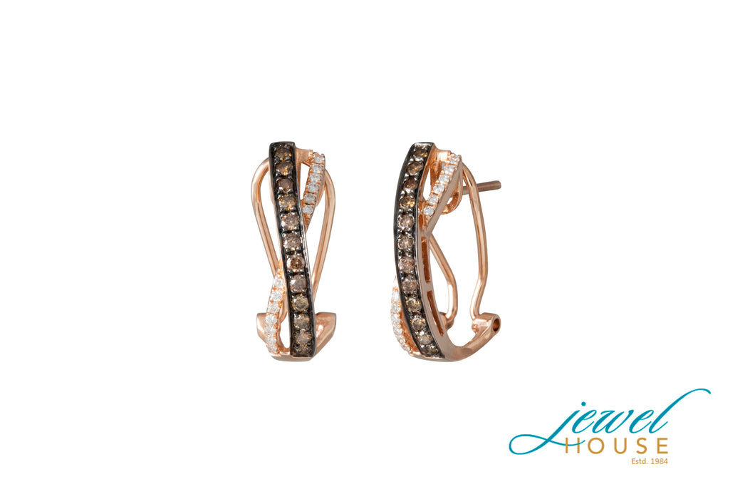 TWISTED BROWN AND WHITE DIAMONDS EARRINGS WITH OMEGA BACK IN 14KT ROSE GOLD