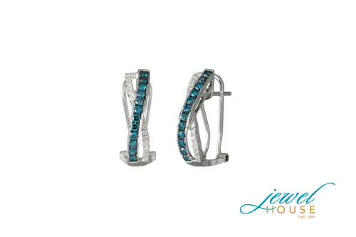 TWISTED BLUE AND WHITE DIAMONDS EARRINGS WITH OMEGA BACK IN 14KT WHITE GOLD