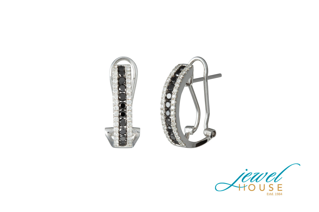 TRI ROW BLACK AND WHITE DIAMOND EARRINGS WITH OMEGA BACK IN 14KT WHITE GOLD