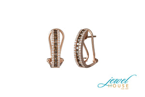 TRI ROW BROWN AND WHITE DIAMOND EARRINGS WITH OMEGA BACK IN 14KT ROSE GOLD