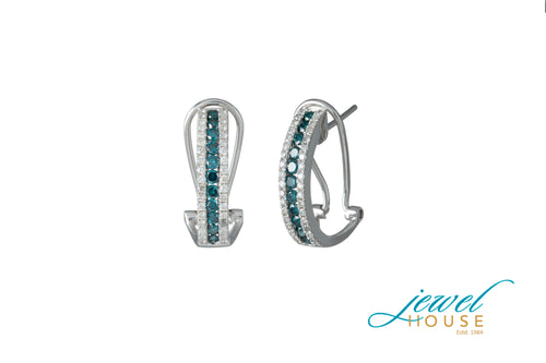 TRI ROW BLUE AND WHITE DIAMOND EARRINGS WITH OMEGA BACK IN 14KT WHITE GOLD