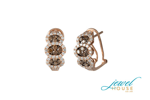 OVALS INVISBLE-SET BROWN AND WHITE DIAMOND EARRINGS WITH OMEGA BACK IN 14KT ROSE GOLD
