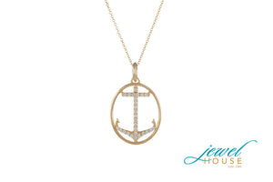 DIAMOND ANCHOR PENDANT IN OVAL HIGH FINISH 14KT YELLOW GOLD