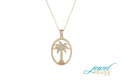 DIAMOND PALM TREE PENDANT IN OVAL ROPE 14KT YELLOW GOLD