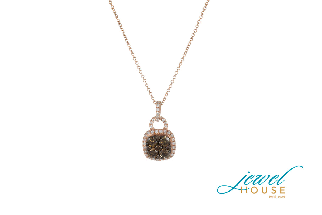 CHOCOLATE BROWN AND WHITE DIAMOND HALO-SET PENDANT IN 14KT ROSE GOLD