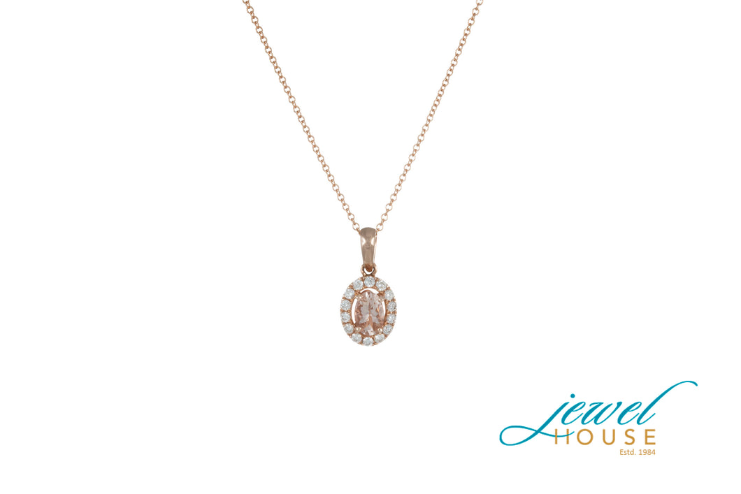 OVAL MORGANITE AND DIAMOND HALO PENDENT IN 14KT ROSE GOLD