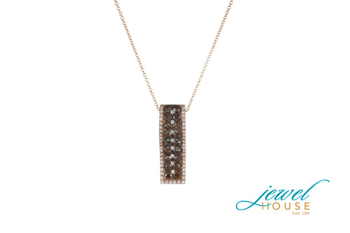 DOUBLE ROW CHOCOLATE BROWN AND WHITE DIAMOND HALO PENDANT IN 14KT ROSE GOLD