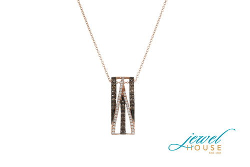 CROSS OVER CHOCOLATE BROWN AND WHITE DIAMOND PENDANT IN 14KT ROSE GOLD