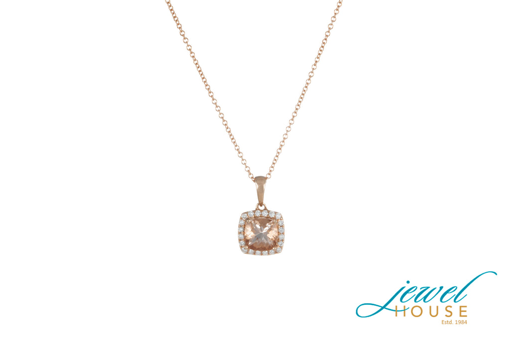 CUSHION MORGANITE AND HALO DIAMOND PENDANT IN 14KT ROSE GOLD