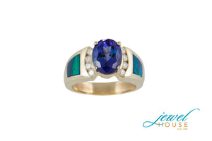 OVAL TANZANITE, GILSON OPAL AND DIAMOND RING IN 14KT GOLD