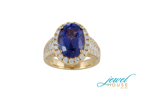 OVAL TANZANITE WITH ROUND DIAMOND HALO BAGUETTE RING IN 18KT GOLD
