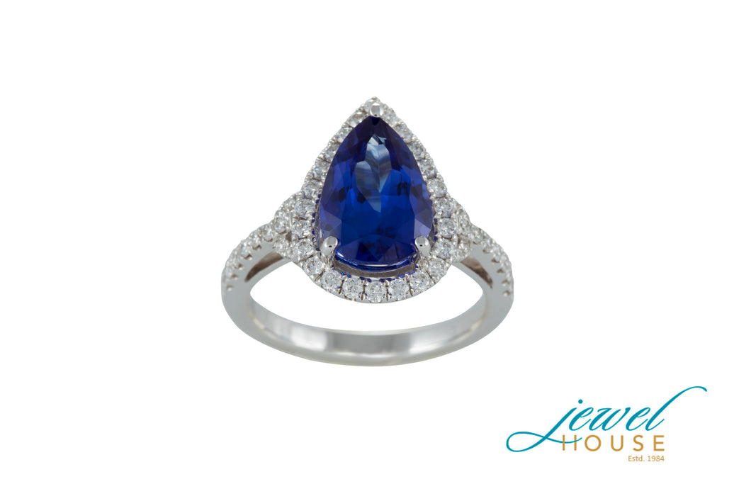 PEAR TANZANITE WITH DIAMOND HALO MICROPAVE RING IN 18KT WHITE GOLD