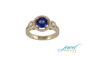 ROUND TANZANITE WITH DIAMOND HALO MICROPAVE RING IN 14KT YELLOW GOLD