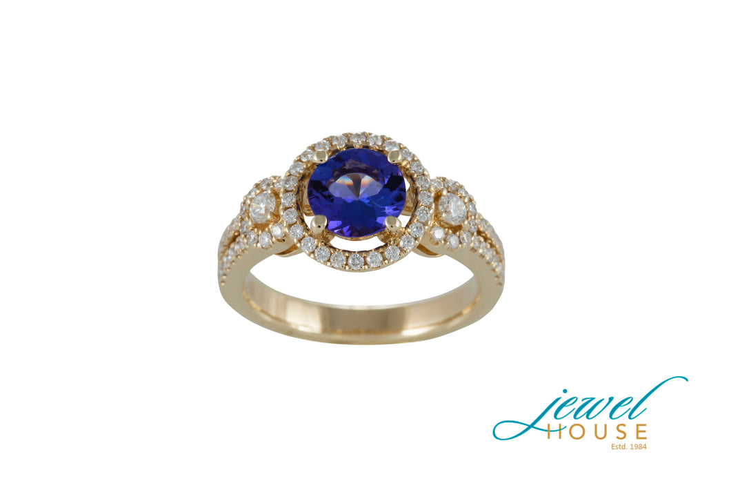 ROUND TANZANITE WITH DIAMOND HALO MICROPAVE RING IN 14KT YELLOW GOLD