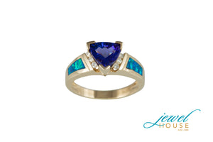 SINGLE TRILLION TANZANITE, GILSON OPAL AND DIAMOND RING IN 14KT GOLD