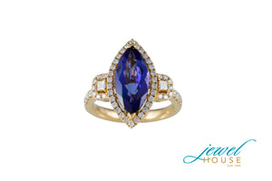 MARQUISE TANZANITE WITH DIAMOND HALO MICROPAVE RING IN 18KT YELLOW GOLD