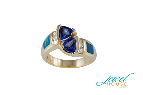 TRILLION PAIR TANZANITE, GILSON OPAL AND DIAMOND RING IN 14KT GOLD