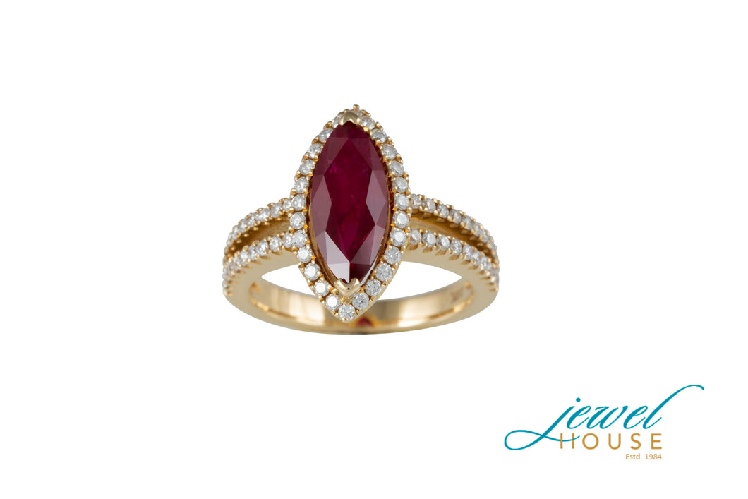 MARQUISE RUBY WITH DIAMOND HALO MICROPAVE SPLIT SHANK RING IN 18KT YELLOW GOLD