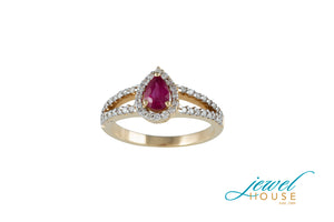 PEAR RUBY WITH DIAMOND HALO MICROPAVE SPLIT SHANK RING IN 14KT YELLOW GOLD