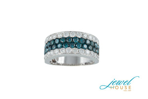 RIVIERA PAVE BLUE AND WHITE DIAMOND FOUR ROW RING IN 14KT WHITE GOLD