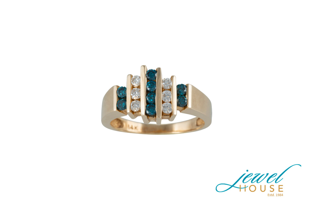 LINEAR BAR BLUE AND WHITE DIAMOND CHANNEL-SET RING IN 14KT YELLOW GOLD