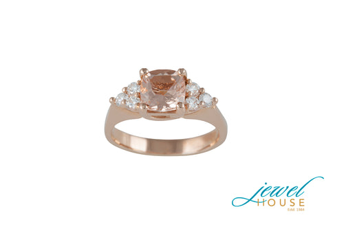 CUSHION MORGANITE CENTER AND TRIO DIAMONDS ON EACH SIDE RING IN 14KT ROSE GOLD