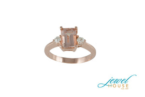EMERALD CUT MORGANITE AND ROUND DIAMOND RING IN 14KT ROSE GOLD