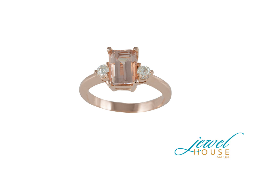 EMERALD CUT MORGANITE AND ROUND DIAMOND RING IN 14KT ROSE GOLD