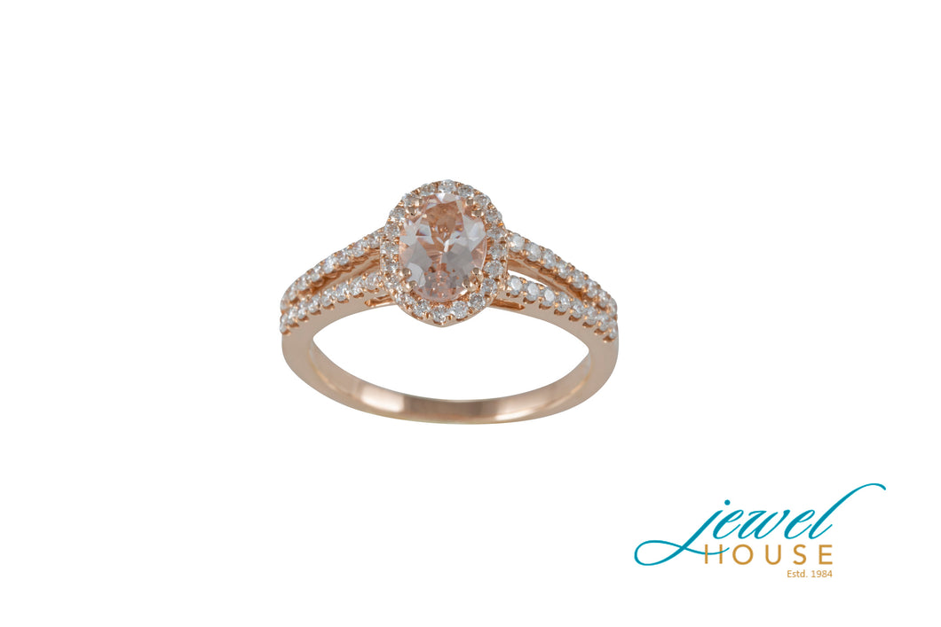 OVAL MORGANITE AND ROUND DIAMOND HALO SPLIT SHANK RING IN 14KT ROSE GOLD