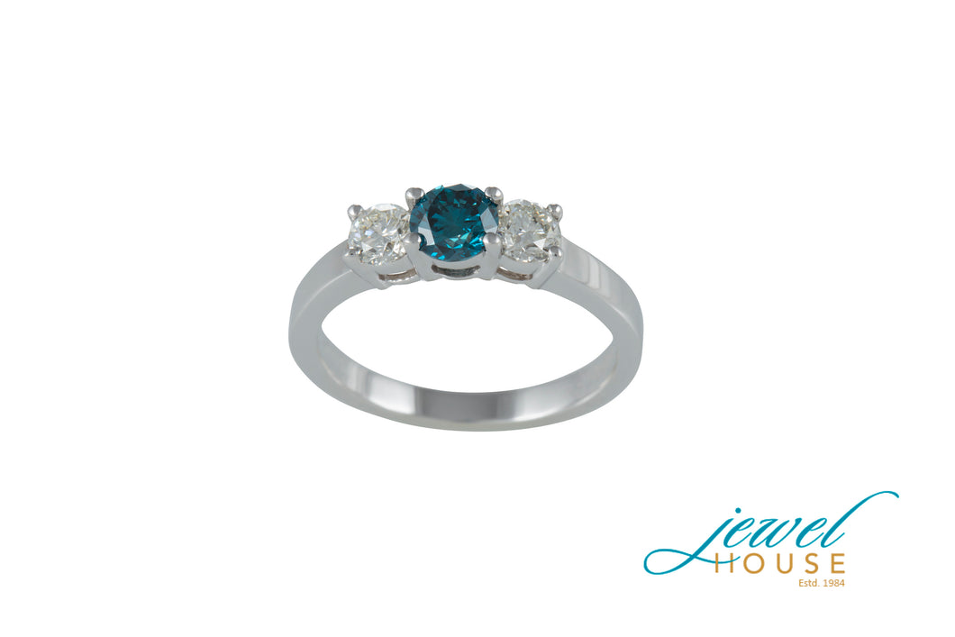 CLASSIC BLUE AND WHITE THREE DIAMOND RING IN 14KT WHITE GOLD