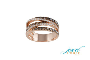 MULTI INTERTWINE CHOCOLATE BROWN AND WHITE DIAMOND FIVE ROW RING IN 14KT ROSE GOLD