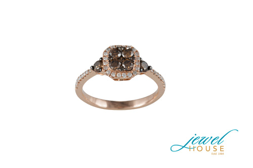 CHOCOLATE BROWN AND WHITE HALO DIAMOND RING IN 14KT ROSE GOLD
