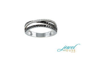 CROSSOVER WHITE AND BLACK DIAMOND THREE ROW RING IN 14KT WHITE GOLD