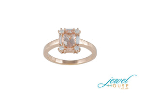 OVAL MORGANITE AND DIAMOND BAGUETTE-ROUND HALO RING IN 14KT ROSE GOLD