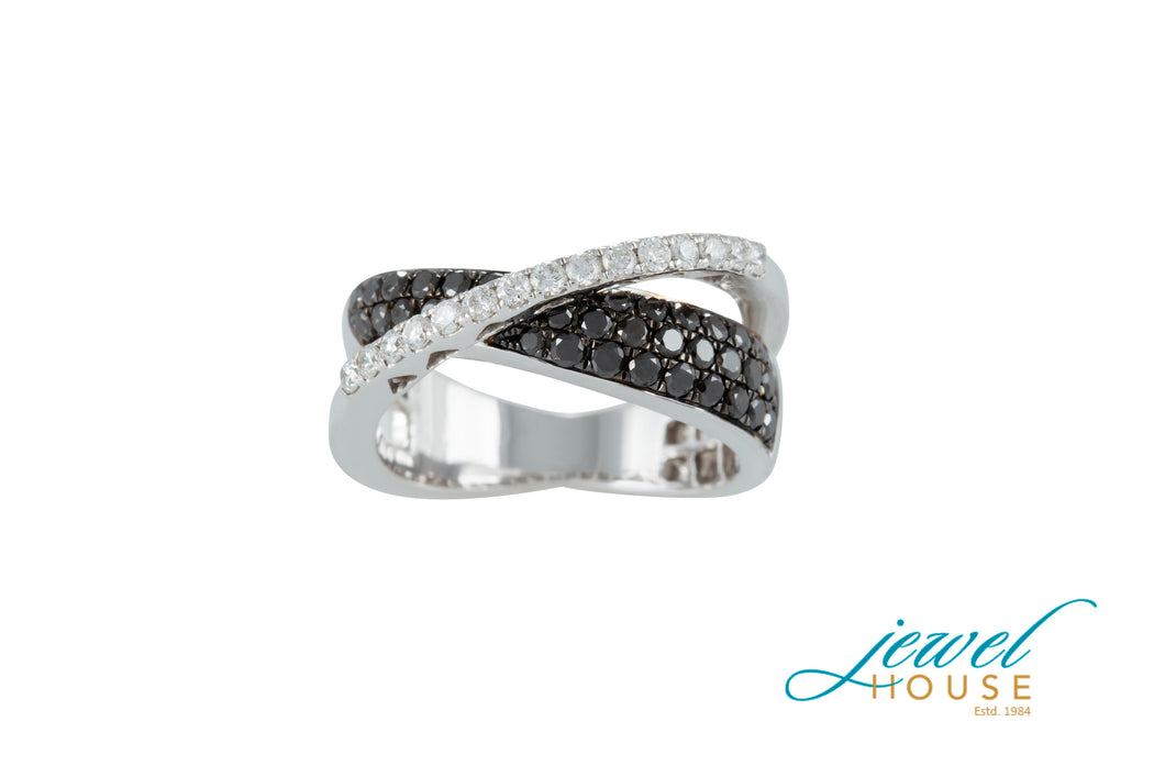 CROSSOVER WHITE AND BLACK DIAMOND FOUR ROW RING IN 14KT ROSE GOLD