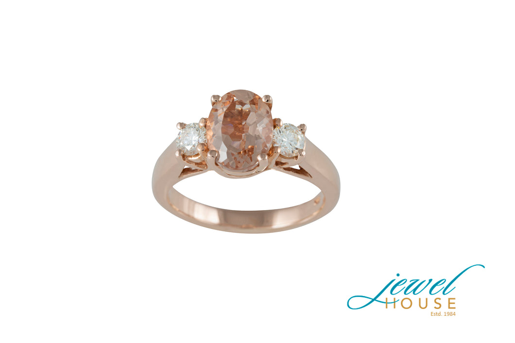 OVAL MORGANITE AND ROUND DIAMOND RING IN 14KT ROSE GOLD