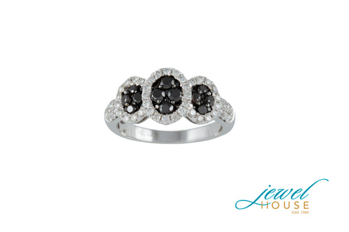 THREE OVALS BLACK AND WHITE HALO ROUND DIAMOND RING IN 14KT WHITE GOLD