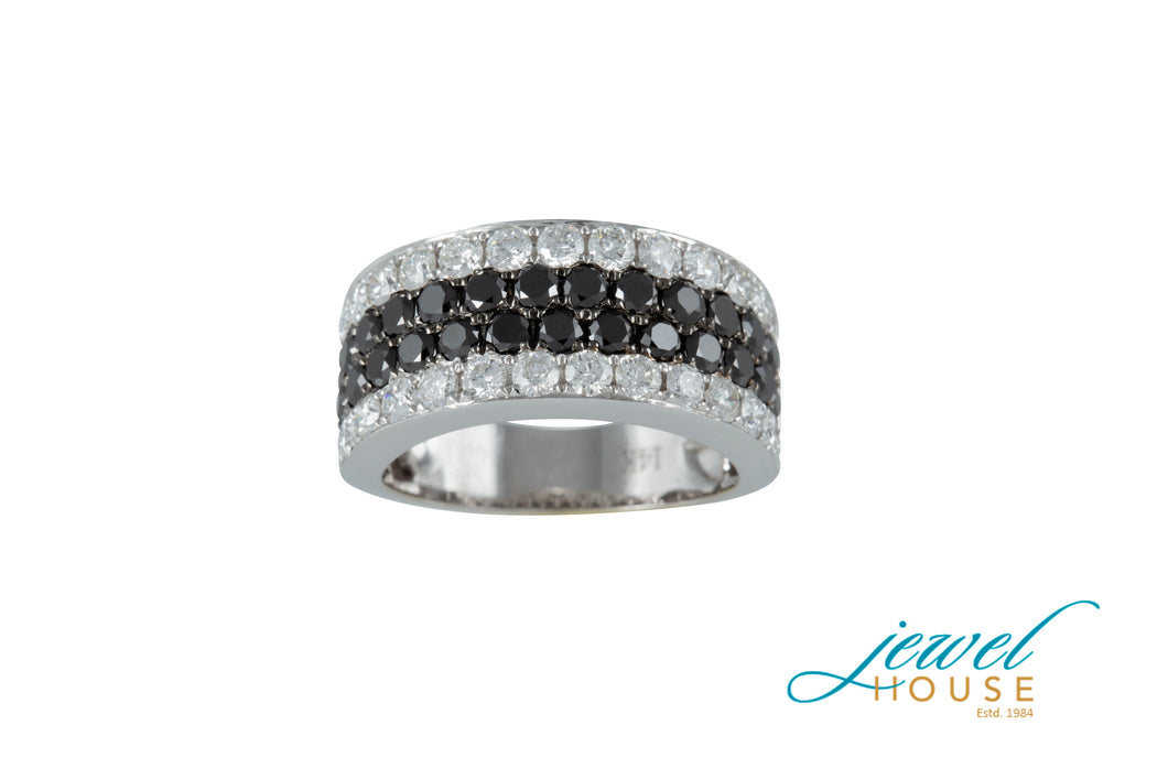 RIVIERA PAVE BLACK AND WHITE DIAMOND FOUR ROW RING IN 14KT WHITE GOLD