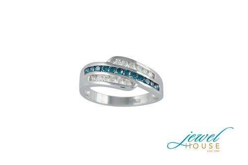 BLUE AND WHITE DIAMOND CHANNEL-SET SPIRAL RING IN 14KT WHITE GOLD