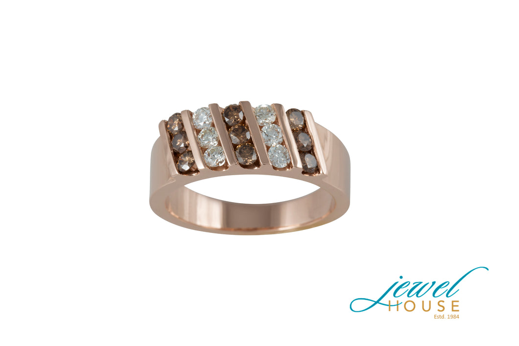 CROSSWAY BAR CHOCOLATE BROWN AND WHITE DIAMOND RING IN 14KT ROSE GOLD