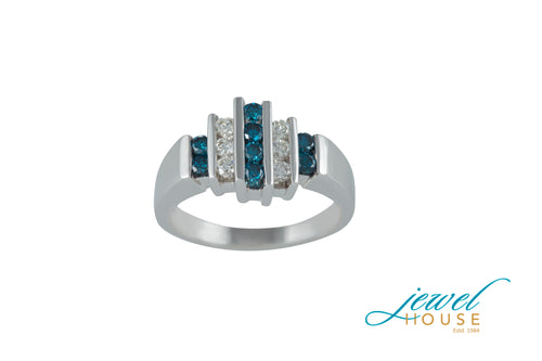 LINEAR BAR BLUE AND WHITE DIAMOND CHANNEL-SET RING IN 14KT WHITE GOLD