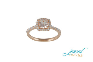 ROUND MORGANITE AND CUSHIONED SHAPED HALO DIAMOND RING IN 14KT ROSE GOLD