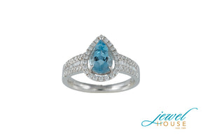 AQUAMARINE AND DIAMOND PEAR HALO RING IN 14KT WHITE GOLD