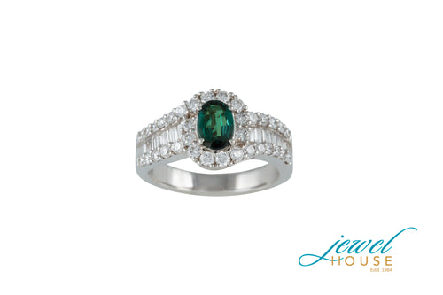 ALEXANDRITE AND DIAMOND OVAL HALO RING IN 18KT WHITE GOLD