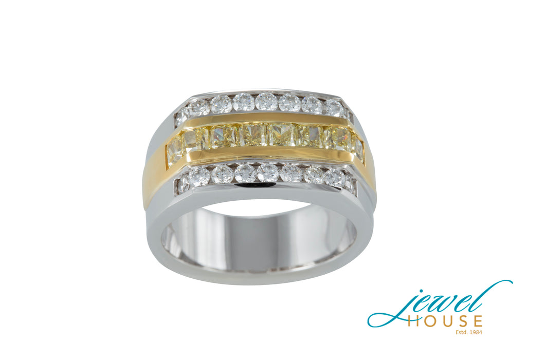 THREE ROW CANARY AND WHITE DIAMONDS MEN'S RING IN 14KT YELLOW/WHITE GOLD